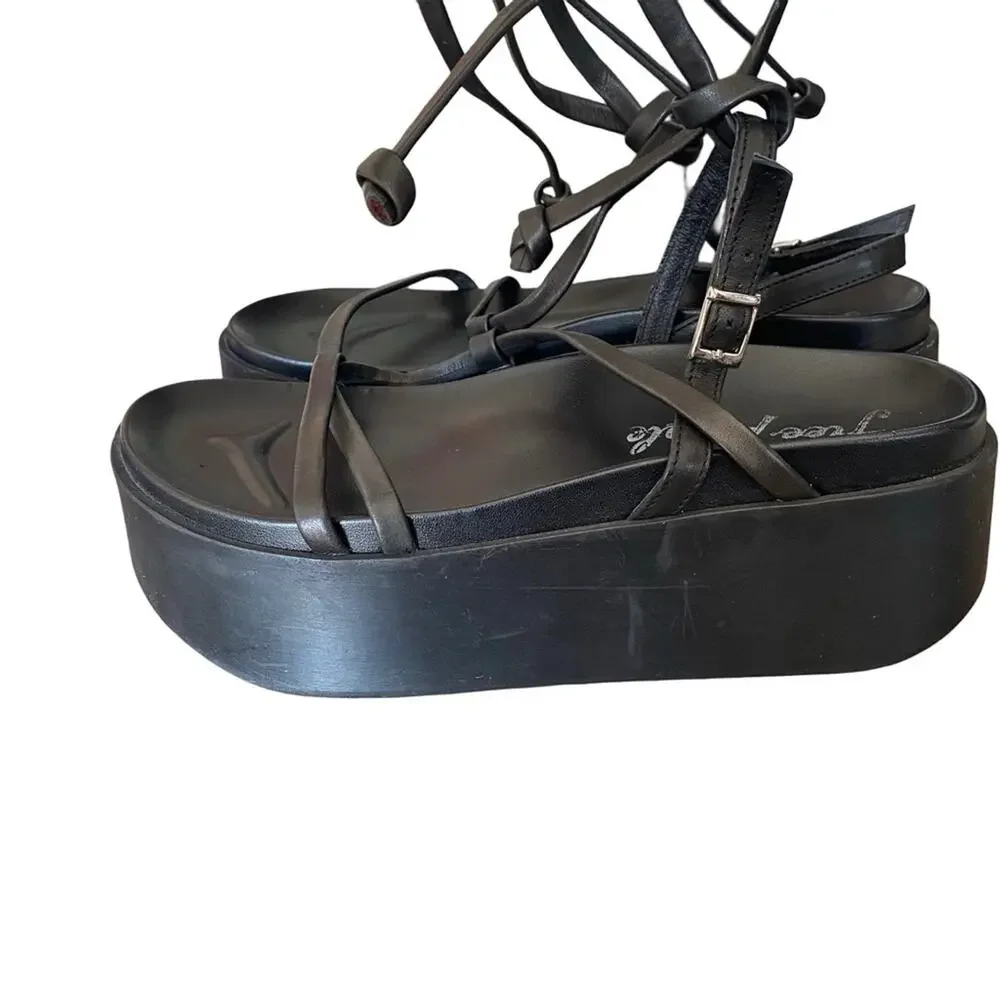 Free People Midnight Mood Black Leather Platform Lace Up Sandals 39 size 9 - Picture 6 of 10